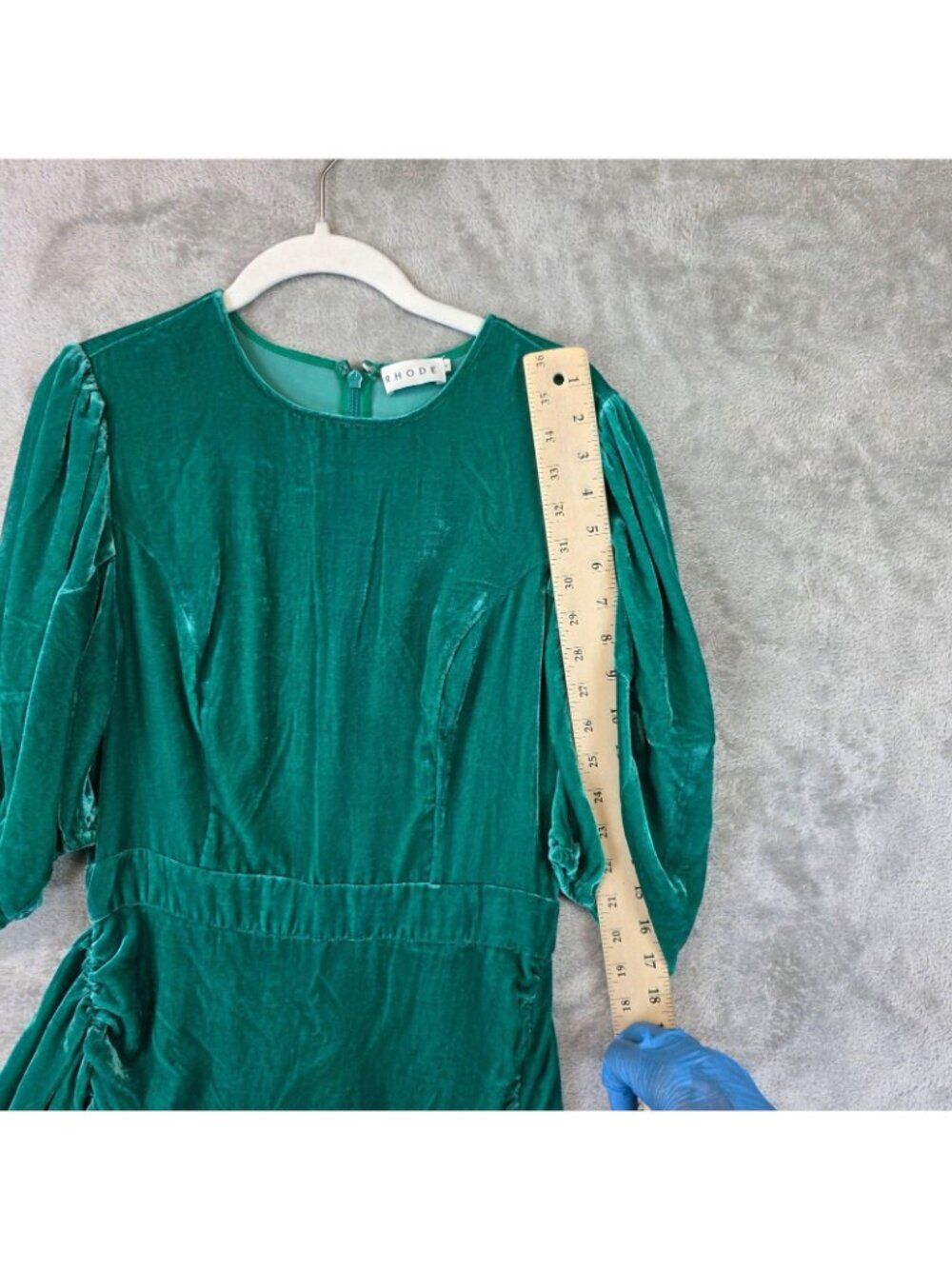 Rhode Dress Womens 8 Green Velvet Ruched Puff Sleeve Ruffle Hem Mini Party - Picture 7 of 10